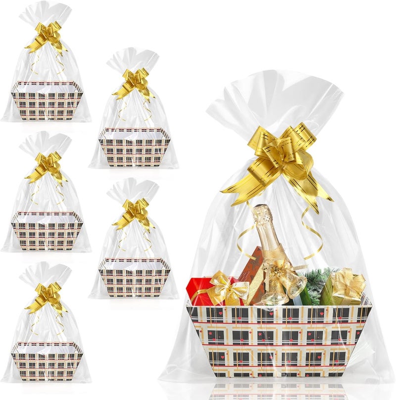 DEAYOU 6 Pack Baskets for Gifts Empty, 10" x 8" Sturdy Cardboard Market Tray with Handle, Paper Gift Baskets Kit To Fill with Wrap Bags and Gold Pull Bows for Easter, Christmas, Birthday, Black Plaid - Image 1